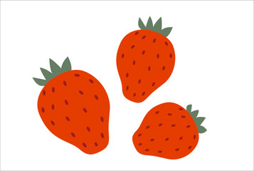 Strawberry fruit illustration. Flat vector design of three ripe strawberries with green leaves and seeds. © Diana