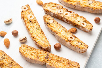 Biscotti, traditional italian cookies with nuts. Close up image.