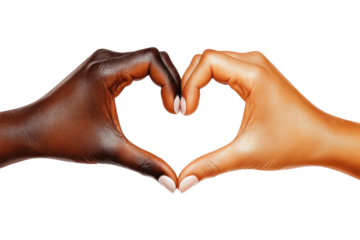 Interracial hands forming a heart shape on a black background
