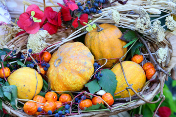 Pumpkins prepared for Halloween at the entrance to a children's playground