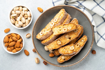 Biscotti, traditional italian bakery with nuts. Top view.