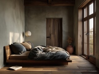 A bedroom with a wooden bed and a vase on the floor