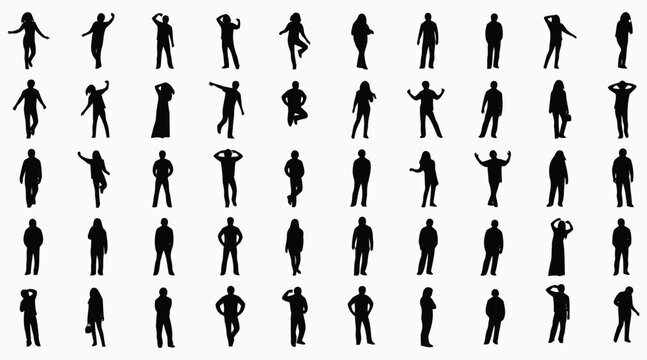 Vector art of collection of silhouette people in various poses perfect for adding realistic human elements to architectural renderings and design projects
