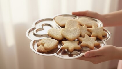 Hands holding a silver tray of homemade heart and star shaped cookies. Freshly baked shortbread for a holiday celebration like Valentine's Day