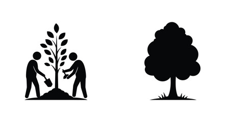 People planting a young tree alongside a fully grown tree silhouette