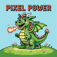 Obraz premium pixel power dragon breathing fire, green scales, fantasy monster, retro game poster, arcade badge, bold colors vector