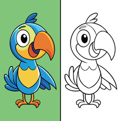 Cartoon Parrot Coloring Page – Split Design with Colorful and Outline Bird for Kids’ Tropical Learning, Creativity, and Fun Activities