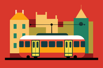 Illustration of a tram in front of city buildings