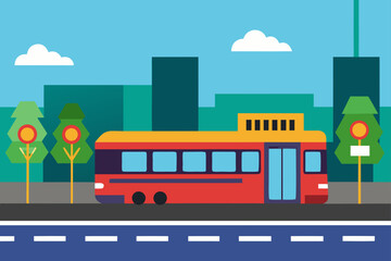 A red bus on a city street with trees and clouds