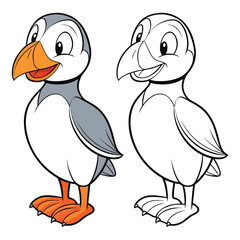 Cartoon Puffin Coloring Page – Split Design with Colored and Outline Birds for Kids’ Educational Fun, Creativity, and Nature Learning
