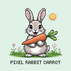 pixel rabbit holding carrot, cute bunny in meadow, sun and flowers, cheerful spring vibe, retro game sprite poster vector