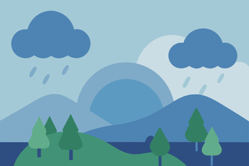 Fototapeta premium Cartoon landscape with rain clouds and green trees
