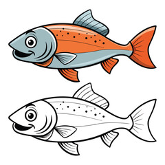 cartoon illustration of cute salmon animal character for coloring book, Animal outline for fish swimming.