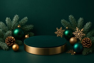 Elegant green and gold christmas product display podium