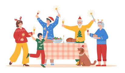 Happy big family in winter festive clothes with wine glasses and Bengal lights having Christmas dinner. People celebrating Christmas or New Year. Flat characters vector illustration.