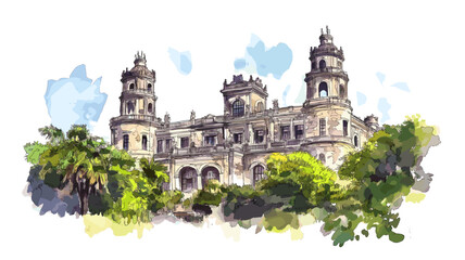 Chapultepec Castle. Chapultepec Castle hand drawn watercolor illustration