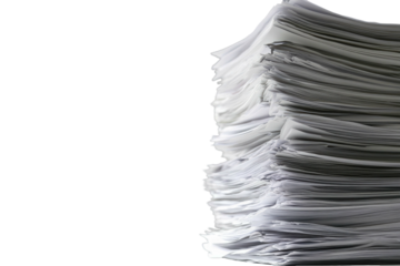 Towering stack of white paper against a stark black background