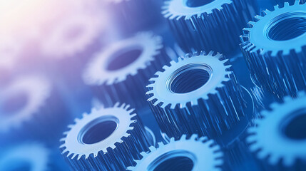 A close-up view of interlocking blue gears, showcasing intricate details and a modern, industrial aesthetic.
