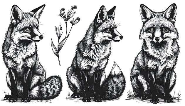 A grayscale depiction of a red fox in three poses. One shows a flower stem. Detailing the creature's features