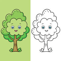 Cartoon Tree Coloring Page – Split Illustration with Colored and Outline Versions for Kids’ Nature Learning, Creativity, and Fun Activities