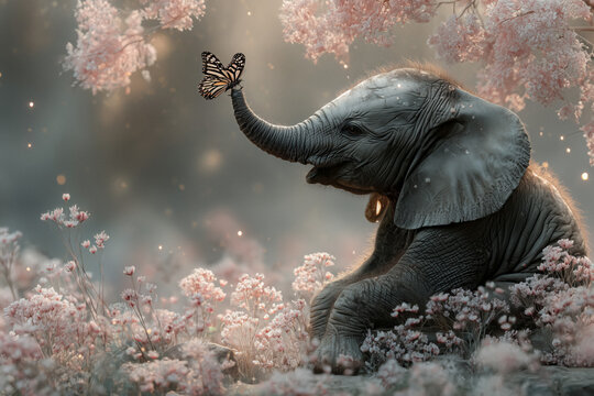 Kleiner Elefant mit Vogel und Blumen – Symbol für Freundschaft und Sanftmut.