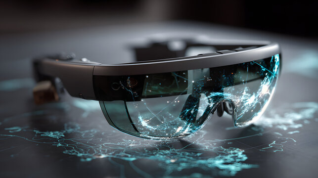 Futuristic augmented reality headset displaying digital information overlay