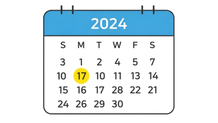 Calendar 2024 with Date Highlighted in Yellow on Transparent Background