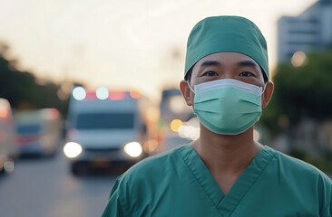 Frontline Hero: Determined healthcare worker with a face mask. Ambulances in the background symbolize urgency and dedication to saving lives.