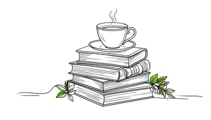 A stack of books topped with a saucer and a steaming mug of tea, with sprigs of leaves at the base