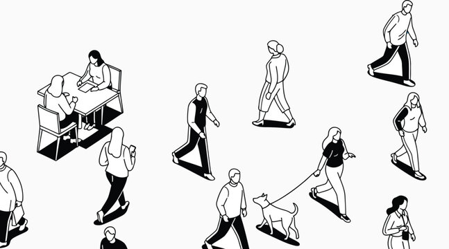 Vector art of isometric illustration of people in various activities includes walking, sitting, and interacting, simple line drawing style for design projects