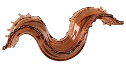 Amber liquid splash wave with droplets and bubbles on black brown