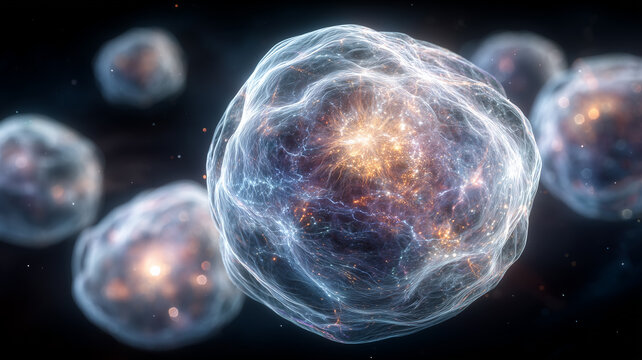 A cell depicted as a miniature universe with internal constellations conveying the idea that biology mirrors cosmic complexity and the emergence of organized systems from chaos.
