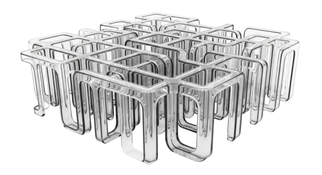 Clear plastic grid structure with cubic openings and rounded edges transparent