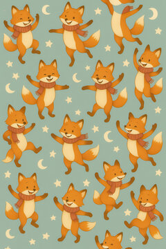 Seamless playful pattern of cheerful orange foxes dancing jumping and posing among stars and crescent moons on a muted teal background for cute nursery fabric and wrapping designs and textiles