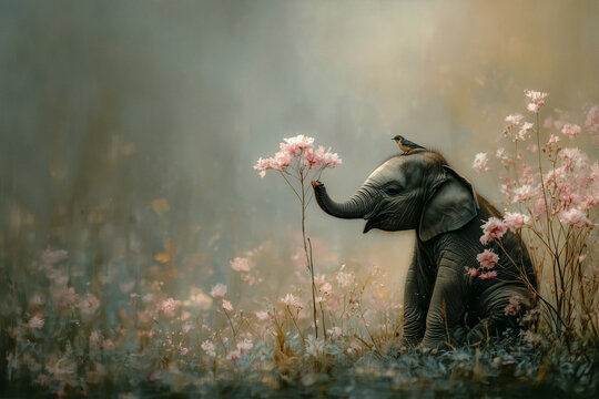 Kleiner Elefant mit Vogel und Blumen &ndash; Symbol f&uuml;r Freundschaft und Sanftmut.