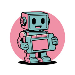Cute toy robot, smiling face with tablet body, pink circle backdrop, playful technology icon, clean vector illustration