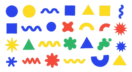 Collection of colorful abstract geometric shapes on black background blue