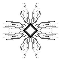 Abstract digital microchip design with circuit connections in symmetrical pattern representing artificial intelligence, data processing, and futuristic technology concept.