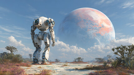 Alien landscape with giant robot and large planet in sky