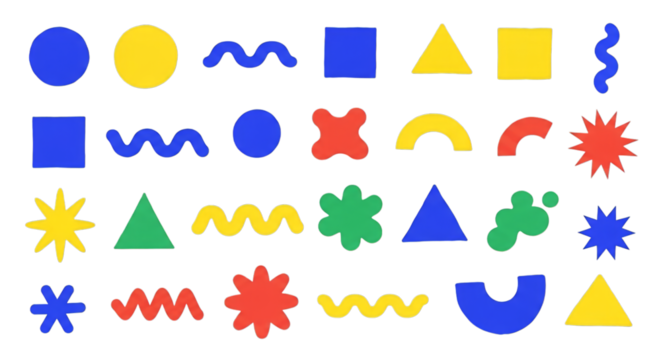 Collection of colorful abstract geometric shapes on black background blue