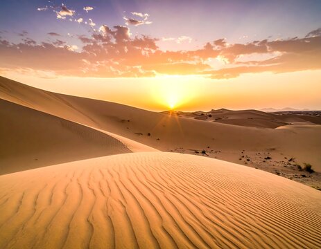 Golden sunrise over rippled sand dunes in a vast desert