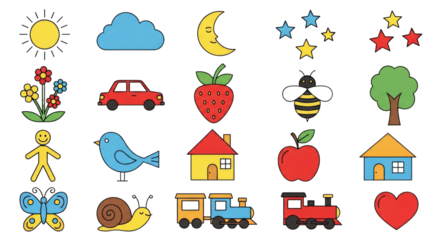Collection of colorful cartoon icons for children on black background cloud moon