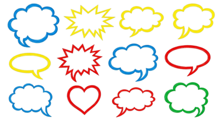 Collection of colorful comic book speech bubbles and shapes on black talk bubble thought bubble