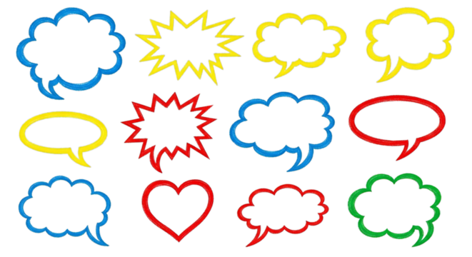 Collection of colorful comic book speech bubbles and shapes on black talk bubble thought bubble