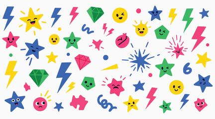 Vector art of a vibrant and playful pattern featuring a variety of colorful icons, including stars, diamonds, lightning bolts, and smiley faces