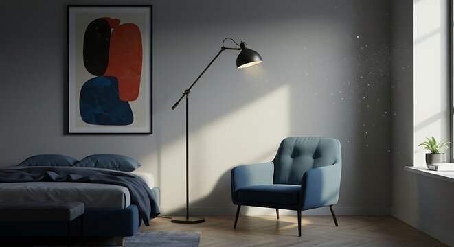 Serene Modern Bedroom - Teal Armchair, Abstract Art, and Warm Industrial Lamp Glow Illuminating a Minimalist Space.