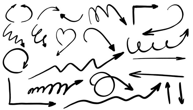 Set of hand-drawn black arrows isolated on transparent background. Doodle sketch arrows collection with curved, spiral, and wavy shapes for infographic, notes, or graphic design projects. PNG