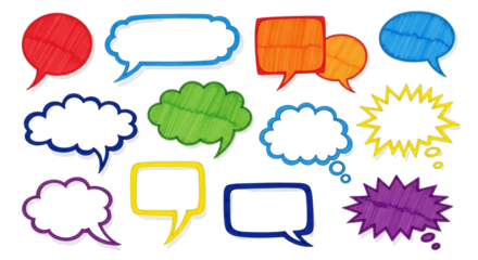Collection of colorful hand drawn speech bubbles and thought bubbles comic communication