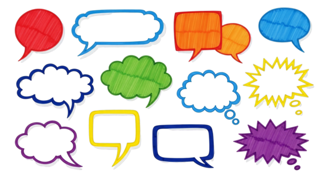 Collection of colorful hand drawn speech bubbles and thought bubbles comic communication