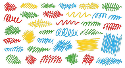 Collection of colorful scribbled lines and shapes on black background scribbles yellow